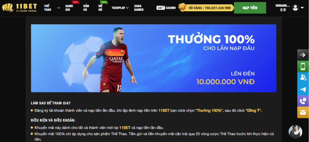 Thưởng 100% giá trị nạp đầu tiên