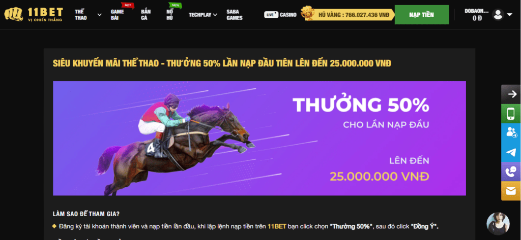 Thưởng 50% cho lần nạp đầu tiên