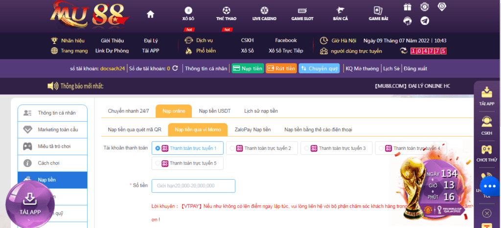 Nạp tiền qua ví Momo nhà cái Mu88